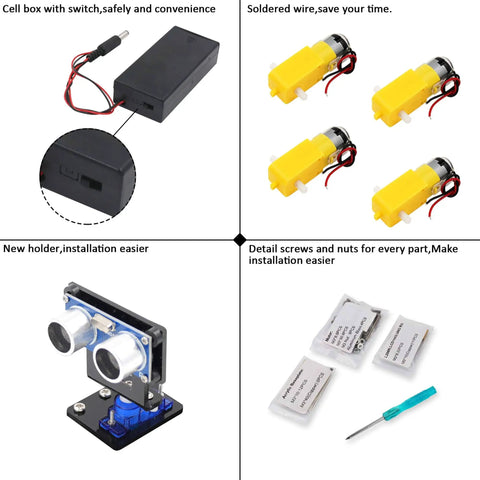 Components of 2WD Smart Robot Car Kit With Ultrasonic Sensor Module R3 Board Remote Control Arduino IDE Compatible DIY Kit