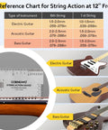 Guitar String Action Gauge And Height Ruler Setup Kit For Precise String Height, Saddle Slot, Nut And Pole Piece Measurements, Stainless Steel String Gauge Tool For Guitar, Bass, Mandolin, Banjo. Stainless steel setup gauge showing string action chart and guitars.