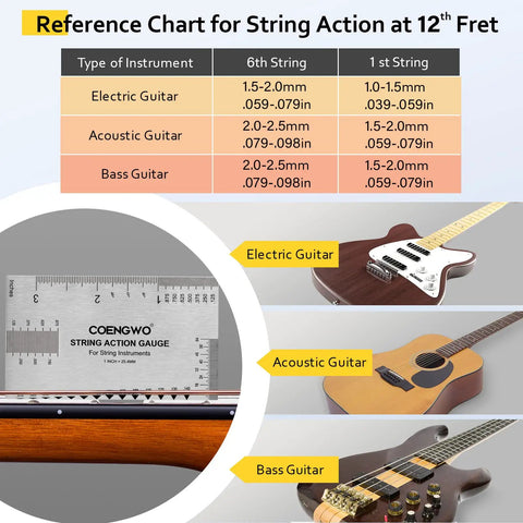 Guitar String Action Gauge And Height Ruler Setup Kit For Precise String Height, Saddle Slot, Nut And Pole Piece Measurements, Stainless Steel String Gauge Tool For Guitar, Bass, Mandolin, Banjo. Stainless steel setup gauge showing string action chart and guitars.