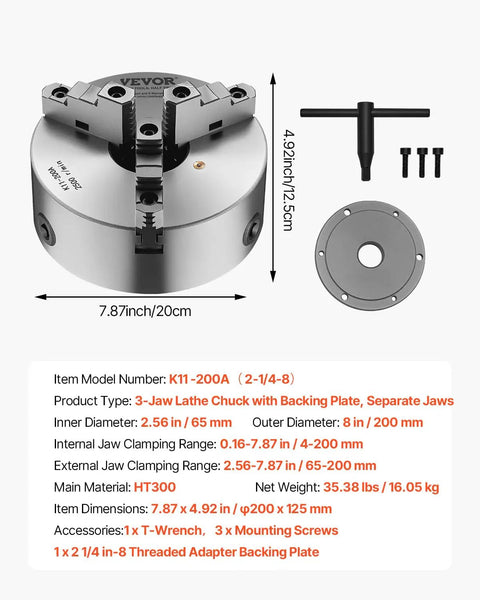 Precision 8 Inch 3 Jaw Lathe Chuck Self Centering Machine Tool With 2 1 4 In 8 Thread Base and T Wrench for Wood Metal Lathes