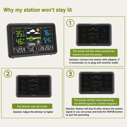 Image showing Indoor Outdoor Weather Station With Large Digital Display, Wireless Thermometer, Atomic Clock, Dimmer, USB Port, Humidity Monitor For Home, No-Fuss Setup, Easy Read Big Numbers, Plug In, with troubleshooting tips for display dimming.