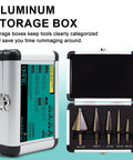 Step Drill Bit Set 5 Piece With Fifty Sizes HSS Titanium Coated shown in open aluminum case