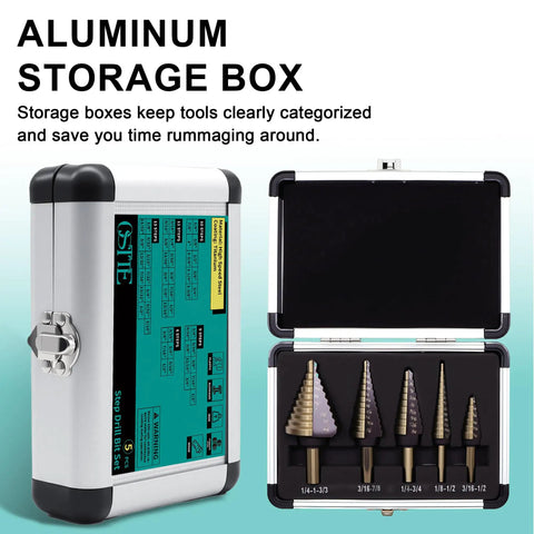Step Drill Bit Set 5 Piece With Fifty Sizes HSS Titanium Coated shown in open aluminum case