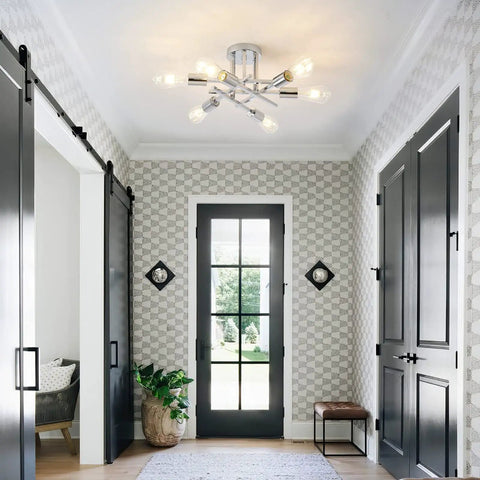 Six-Light Modern Sputnik Chandelier With Chrome Finish For Dining Room Bedroom Hallway Kitchen And Office Semi Flush Mount Ceiling Light Fixture Mid Century Style Dope Vibe installed in hallway.