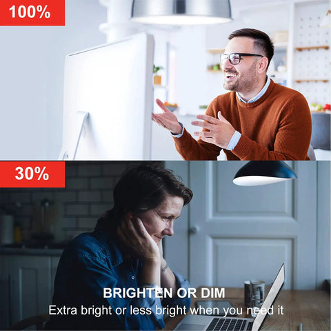 Showing bright and dim settings with Alexa Compatible Smart LED Bulbs 100W Equivalent, 1500 Lumen Dimmable A19 Bluetooth Mesh Lighting.