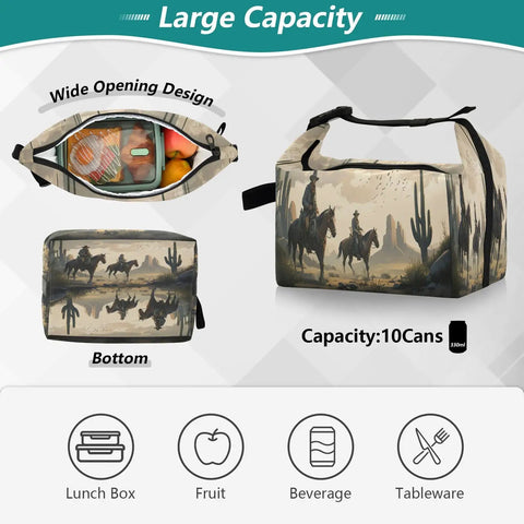 Cowboy Desert Themed Insulated Lunch Bag Tote For Women And Men with wide opening, showing large capacity and leakproof design