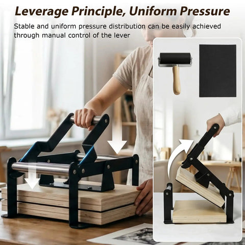 Versatile Hand Lever Linocut Printing Press with Rubber Roller and Felt Pad in action on tabletop