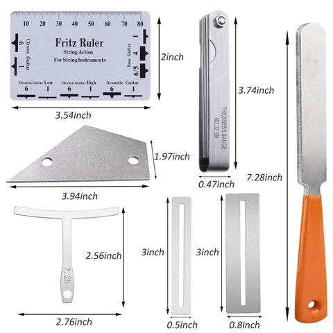 Guitar Luthier Tool Set With Fret Crowning File Radius Gauges Feeler Gauges Needle File String Action Ruler displayed with measurements