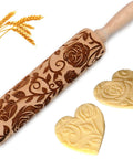 Rose Embossed Rolling Pin For Baking Cookies And Shortbread With Flower Pattern, Wooden Engraved Springerle Style Rolling Pin For Clay Pottery Ceramics, Deep Embossed Texture For Clear Impressions shown with heart-shaped dough