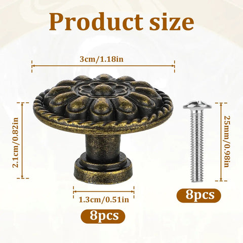 Eight Pack Antique Brass Drawer Knobs For Cabinets And Dressers, Vintage Solid Round Cabinet Knobs, Single Hole Hardware For Refinished Furniture, 1.18 Inch Diameter, Timeless Retro Charm size chart, 3cm knob, 25mm screw