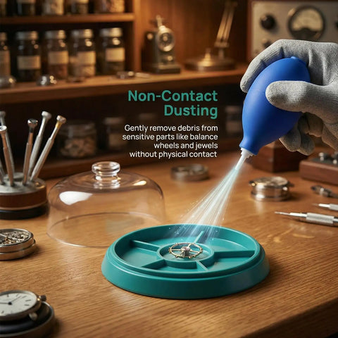 Gloved hand using rubber air blower on 6-compartment tray from 3 In 1 Watch Cleaning Kit For Pro Repairs With Dust Free Putty.