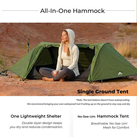 Person sitting by Flat Lay Camping Hammock Tent With Mosquito Net And Rain Fly 3 In 1 Waterproof Lightweight Portable Sleeping Hammock