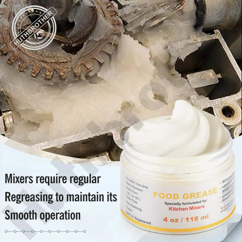 4 Oz Food Grade Grease For Stand Mixers Universal Kitchen Mixer Lubricant With Gasket And Spatula shown near mixer gears