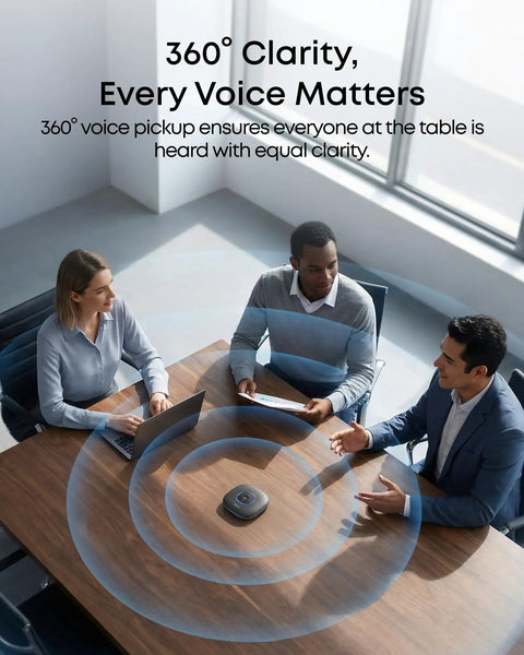 PowerConf Conference Speakerphone With Six Mics 360 Degree Voice Pickup 24 Hour Call Time Zoom Certified Bluetooth 5.3 USB C in meeting room.