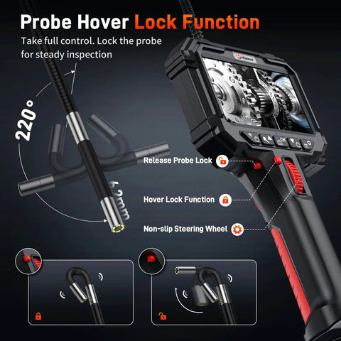 Beast Pro Grade Two Way Articulating Borescope With Light 1080P Endoscope Camera Flexible Probe And 5 Inch IPS Screen IP67 Waterproof 5 Foot Cable For Auto Aircraft And Industrial Inspections showing 220° probe lock