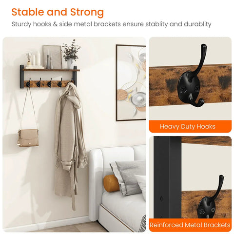 Rustic Wood Wall Shelf With Five Metal Hooks Coat Rack For Your Entryway Hallway Bathroom Mudroom And Bedroom Keeps Hats Coats Purses Towels Sorted And Chic In Rustic Brown And Black Finish shown in a room with hanging clothes and reinforced hooks.