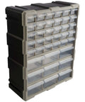 39 Drawer Plastic Small Parts Organizer With Desktop Or Wall Storage Drawers For Hardware Crafts Garage Or Classroom Use Grab And Go Ready Durable Stackable Bins With Removable Compartments And Easy Labeling Black Keeps Your Workspace Neat And Tidy, black with clear drawers, shown from the front view