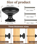 Rustic Matte Black Mushroom Cabinet Knobs 4 Pack for Kitchen Cabinets Bedroom Dresser Drawers Cupboard Hardware showing size dimensions and thickness options.