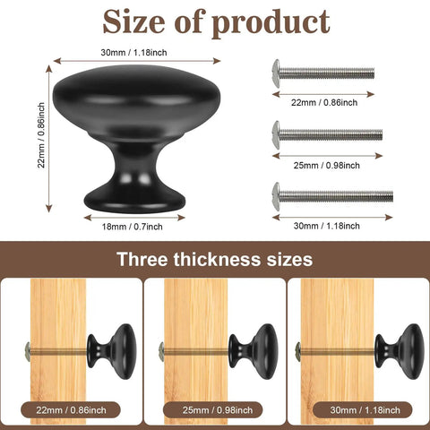 Rustic Matte Black Mushroom Cabinet Knobs 4 Pack for Kitchen Cabinets Bedroom Dresser Drawers Cupboard Hardware showing size dimensions and thickness options.