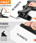 Comparison of Heavy Duty 3 Hole Puncher With 40 Sheet Capacity, 50 Percent Less Effort Lever alongside standard puncher, hand pressing lever.