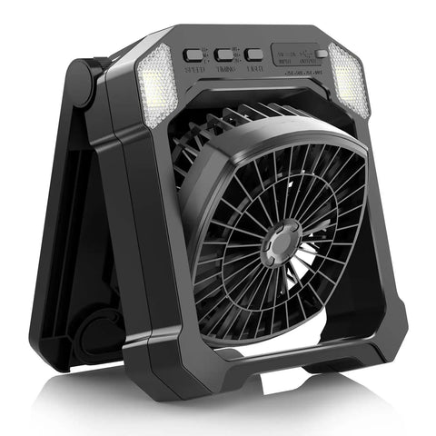 Close-up of Solar Powered Camping Fan With 10000mAh Battery USB Rechargeable Portable Quiet Cordless Fan With Light.