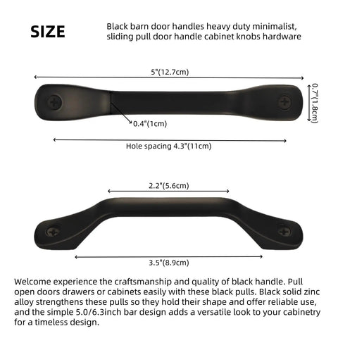 Black Built Tough Barn Door Handle For Sliding Doors And Cabinets Minimalist Modern Pull Knob With Thickened Hardware And Extended Screws 5.0 Inch Length Durable Easy Install For Gates And Closets shown in top and side view with measurements.