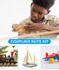 Child assembling toy with Round Coupling Nuts Kit 200mm Long M4 Threaded Connector Bar Hardware for DIY repairs.