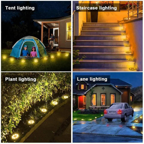 Four scenes showing Warm White Solar Disk Lights Dope 12 Pack Outdoor LED Garden Pathway Lighting Waterproof For Landscape Patio Yard Walkway Lawn Driveway Easy Install And Low Maintenance in use around a tent, staircase, garden plants, and driveway.