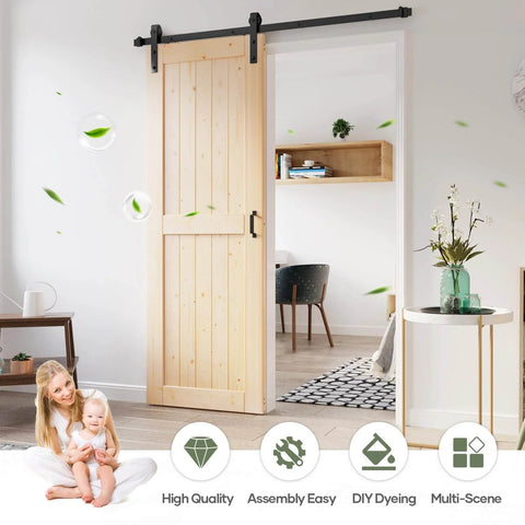 32x80 Inch Sliding Barn Door Slab With 5.5 Foot Hardware Kit Spruce Solid Wood Construction Easy DIY Assembly Rustic Barn Style Entry Door For Interior Rooms