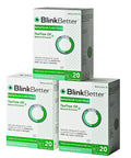 BlinkBetter Tea Tree Oil Eyelid Wipes front view: 3 boxes, 60 wipes total (20 each), biodegradable wipes