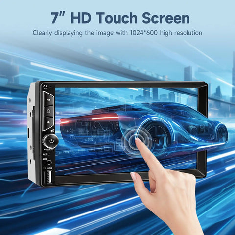7 Inch Double Din Car Stereo with Touchscreen showing a blue car on display