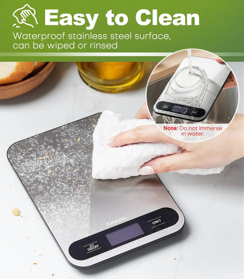 Cleaning digital kitchen scale with 33lb capacity, 1g precision, backlit LCD, stainless steel surface, wipeable design, black