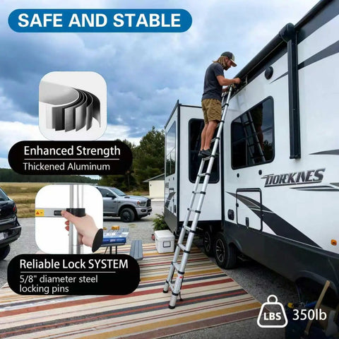 12.5 Foot Portable Aluminum Telescoping RV Ladder Heavy Duty, Rust Resistant, Fits Lippert On The Go Receiver, Easy Folding Design For Rooftop Access And Camp Life. Man using 12.5-foot aluminum telescoping RV ladder on camper roof