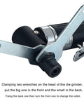 Right Angle Pneumatic Die Grinder 25000 RPM Air Powered Tool Featuring 1/4 And 1/8 Collets with wrenches for changing collets.