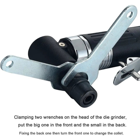 Right Angle Pneumatic Die Grinder 25000 RPM Air Powered Tool Featuring 1/4 And 1/8 Collets with wrenches for changing collets.
