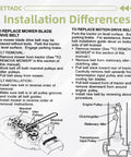Diagram showing mower blade and motion drive belt installation differences with labeled parts like mandrel and engine pulleys.