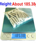 5mm x 25mm Metal Dowel Pins 50 Pack For Wood Furniture And Shelves sealed in a plastic bag on a digital scale showing 185.38g