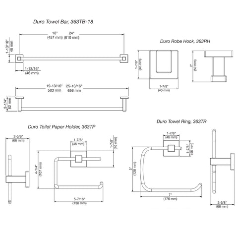 Technical drawing of Duro 4 Piece Wall Mounted Bathroom Hardware Set in Polished Chrome including dimensions for each piece.