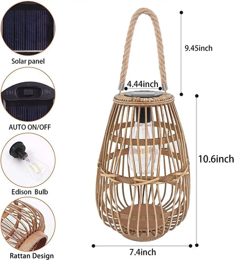 Outdoor Solar Rattan Lantern With Handle For Hanging Or Table Use, featuring Edison bulb and solar panel, 10.6 inches tall