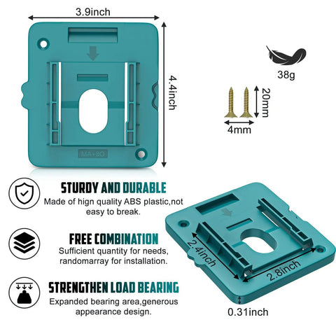 Makita 18V Battery Mount Holder Wall Mount Hanger showing dimensions, weight, and material details with screws