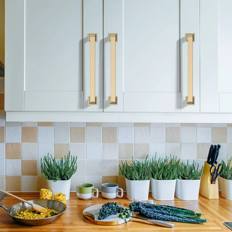 White kitchen cabinets with 10 Pack 5 Inch Brushed Brass Cabinet Handles Set Gold Kitchen Cabinet Pulls for Cupboards and Drawers Durable Hardware Sleek Modern Pulls for Easy Renovation and Installation.