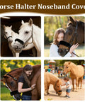 3 Pack Black Noseband Covers For Horses With Soft Fleece Padding Guard Shields shown on various horses in different settings.