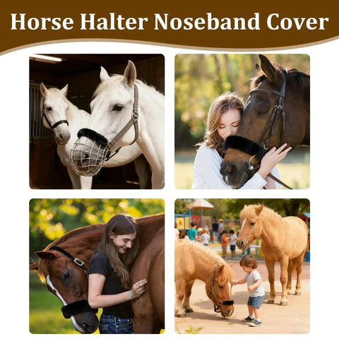 3 Pack Black Noseband Covers For Horses With Soft Fleece Padding Guard Shields shown on various horses in different settings.