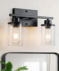 Matte Black Two Light Vanity Light Fixtures With Clear Glass Shades Over Mirror Wall Sconces For Bathroom Modern Farmhouse Style Lighting