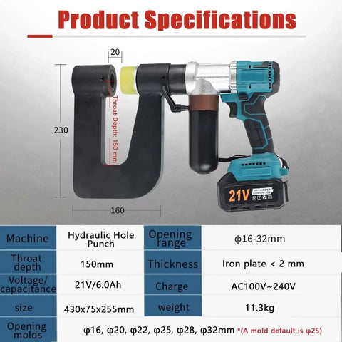 Cordless Hydraulic Hole Punch for Metal, 150mm Throat Depth, Two 6.0Ah Batteries, 6 Dies, 21V Power, Product Specifications