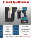 Cordless Electric Hydraulic Hole Puncher Kit With 2 Rechargeable Batteries, throat depth 150mm, detailed specifications view