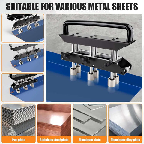 Pro Grade Three Station Edge Roller Bender with aluminum and iron sheets, suitable for metal roofing, bends 0.36-0.76 mm thick