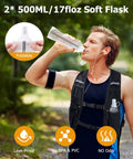Man wearing Lightweight Running Vest With Dual 500ml Soft Flasks, drinking from BPA Free TPU Bottle with Bite Valve, outside.