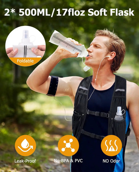 Man wearing Lightweight Running Vest With Dual 500ml Soft Flasks, drinking from BPA Free TPU Bottle with Bite Valve, outside.