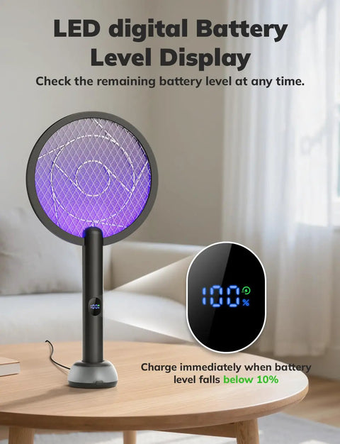 Electric Fly Swatter Bug Zapper Racket 4000V With LED Screen Dual Modes, displayed on a table in a home setting